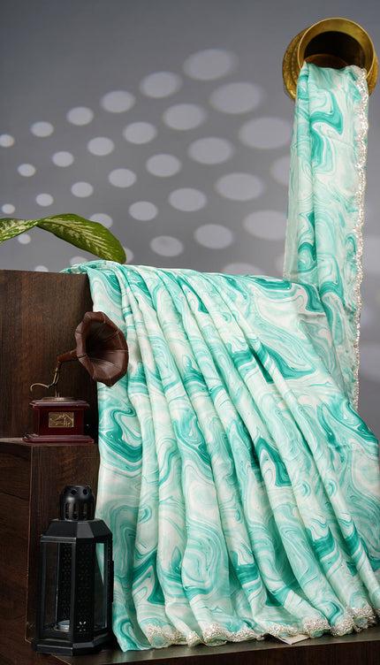 Satin Silk Saree With Shibori Print Scallop Border Kardana Sequence Work - Sea Green
