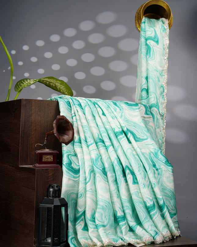 Satin Silk Saree With Shibori Print Scallop Border Kardana Sequence Work - Sea Green