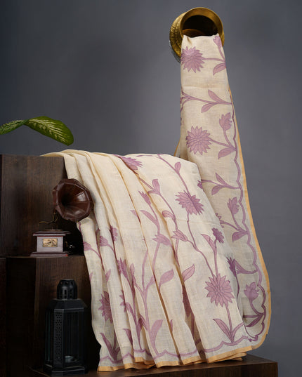 Tissue Lenin Saree with Floral Print and Thread work- Cream