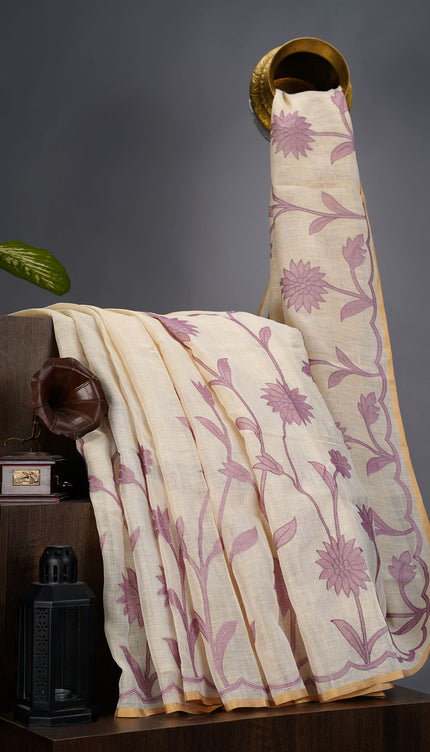 Tissue Lenin Saree with Floral Print and Thread work- Cream