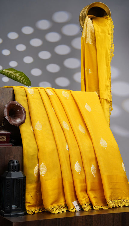 Kota Silk Saree With Golden Butties & Lace Border - Menthi Green