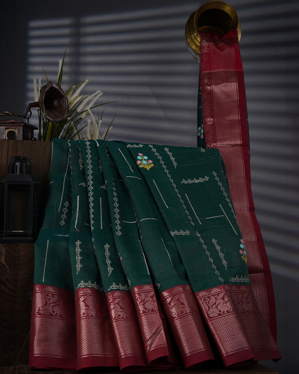 Mangalagiri Silk With Thread Embroidery Work And Contrast Border - Bottle Green