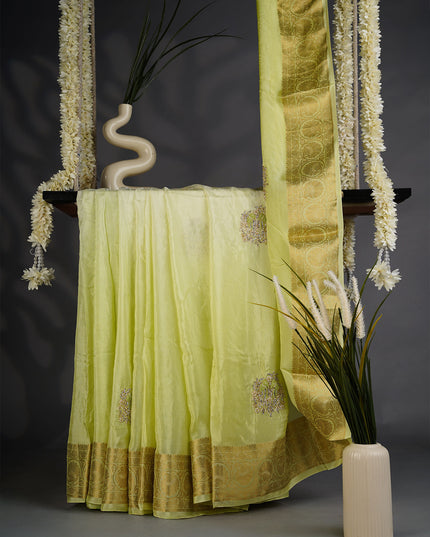 Russian Crepe with Zardozi Butties and Banaras Border- Pista Green