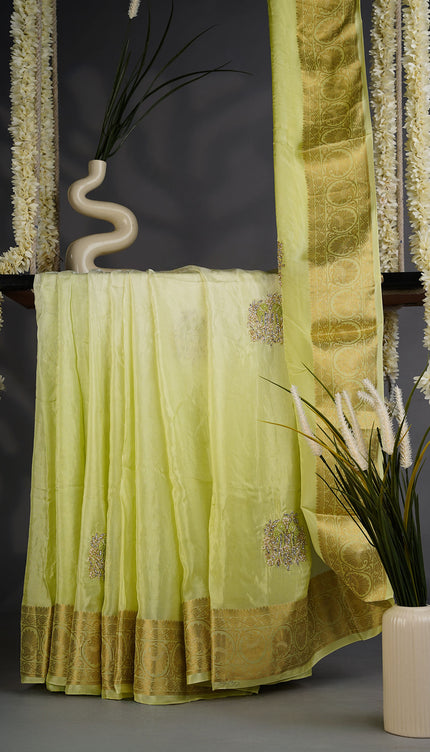 Russian Crepe with Zardozi Butties and Banaras Border- Pista Green