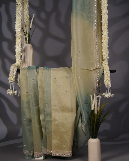 Soft Tissue Organza Saree with Sequence Butties and Scallop Border Zardoji Work- Sea Green