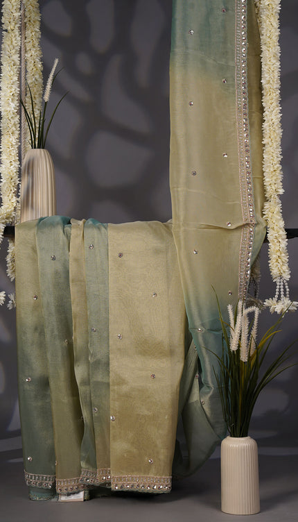 Soft Tissue Organza Saree with Sequence Butties and Scallop Border Zardoji Work- Sea Green