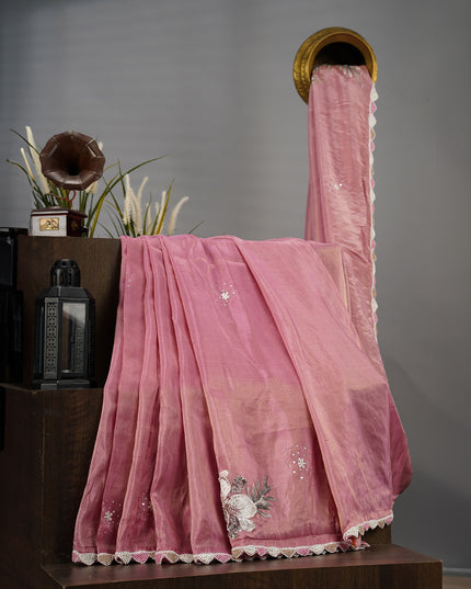 Tissue Crape Applique Work Buttis Scallop Border with Kardana & Pearl Work - Pink