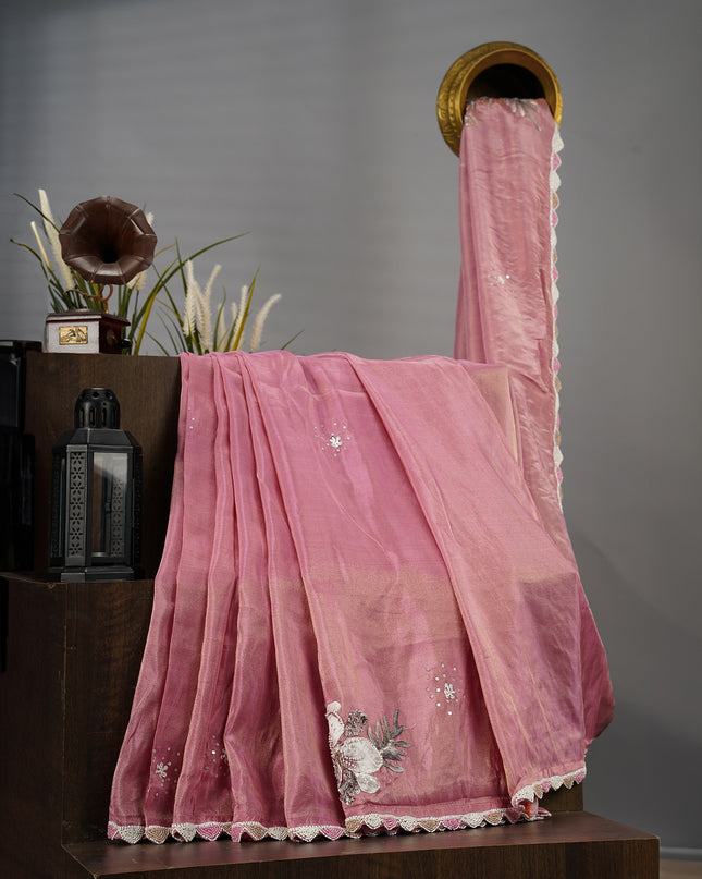 Tissue Crape Applique Work Buttis Scallop Border with Kardana & Pearl Work - Pink