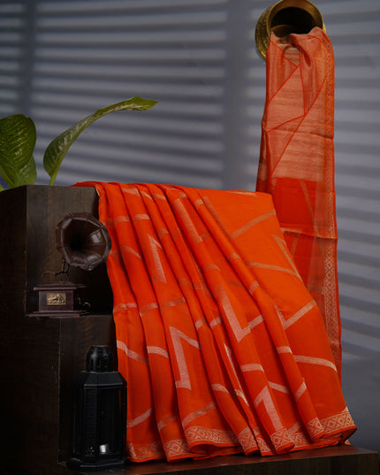 Munga Silk Saree With Gold Zari Border -  Orange
