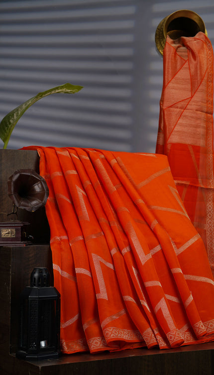 Munga Silk Saree With Gold Zari Border -  Orange