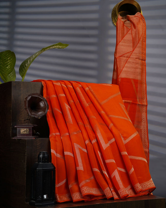 Munga Silk Saree With Gold Zari Border -  Orange