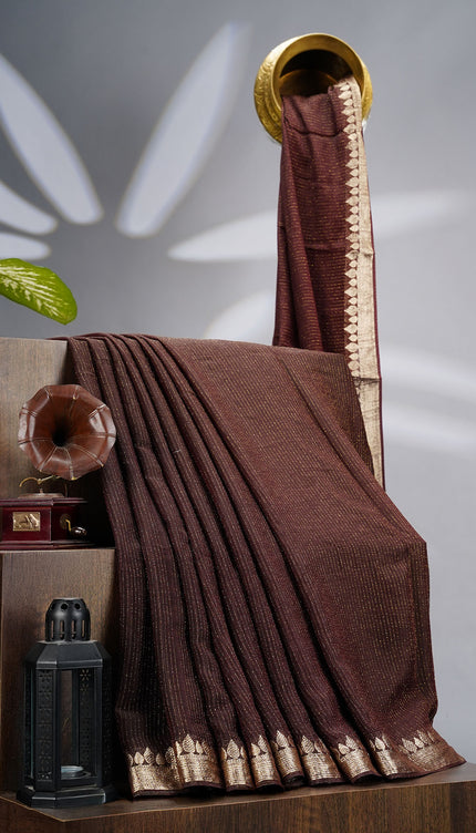 Korean Crepe Saree with Golden Zari Border- Coffee Brown