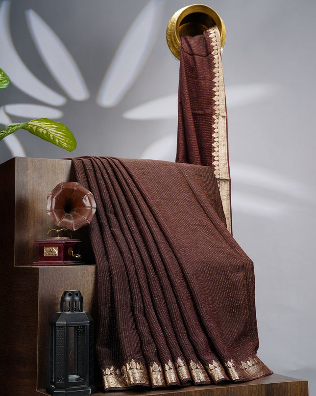 Korean Crepe Saree with Golden Zari Border- Coffee Brown