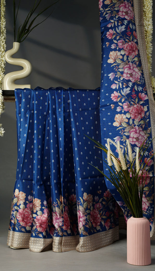 Tusser Silk Saree with Floral Print and Subtle Vertical Stripes and Small Delicate Motifs- Blue