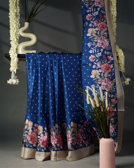 Tusser Silk Saree with Floral Print and Subtle Vertical Stripes and Small Delicate Motifs- Blue