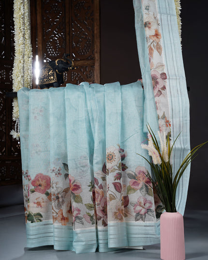 Kota cotton Saree with Floral Print - Sky Blue