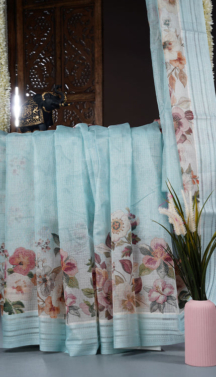 Kota cotton Saree with Floral Print - Sky Blue