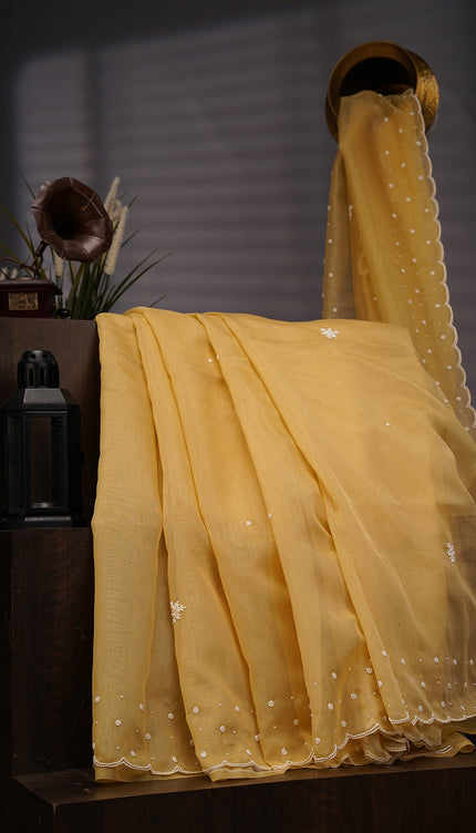 Jute Linen Tissue Pearl Work Buttis With Border - Tan