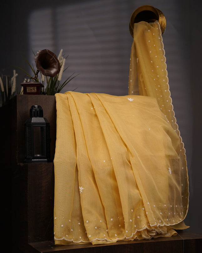 Jute Linen Tissue Pearl Work Buttis With Border - Tan