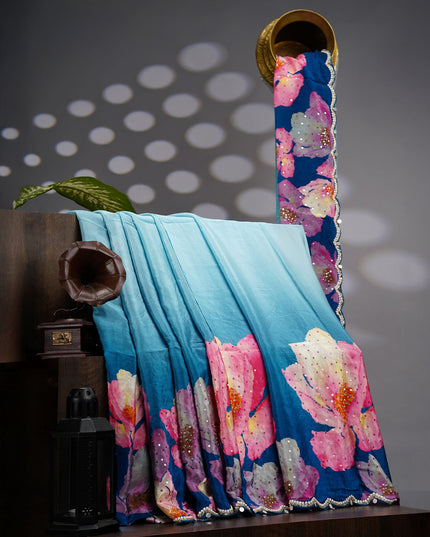 Crepe Saree With Floral Print Scallop Border Kardana Sequence Work - P Blue