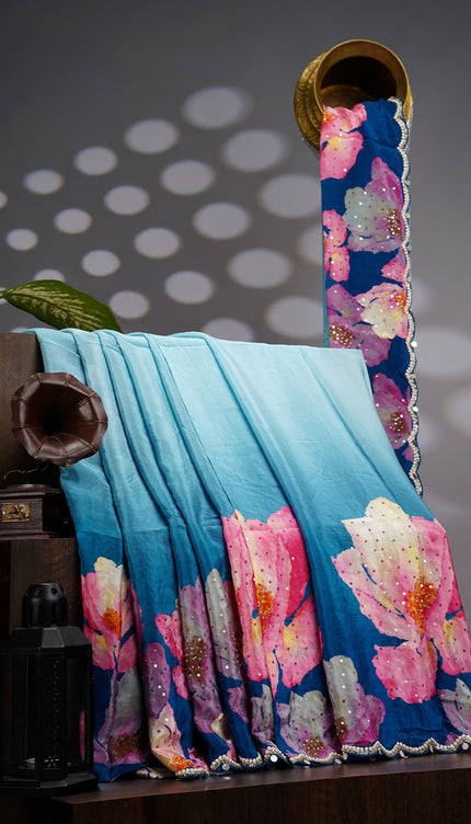 Crepe Saree With Floral Print Scallop Border Kardana Sequence Work - P Blue
