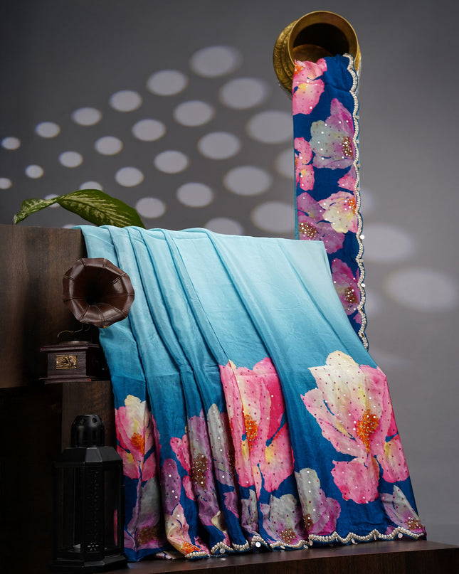 Crepe Saree With Floral Print Scallop Border Kardana Sequence Work - P Blue