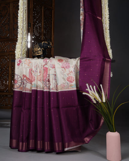 Tussar silk saree with digital print zari border - Wine