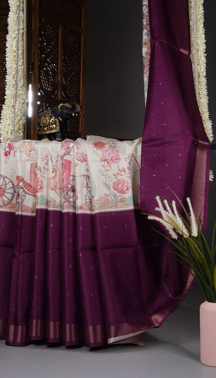 Tussar silk saree with digital print zari border - Wine
