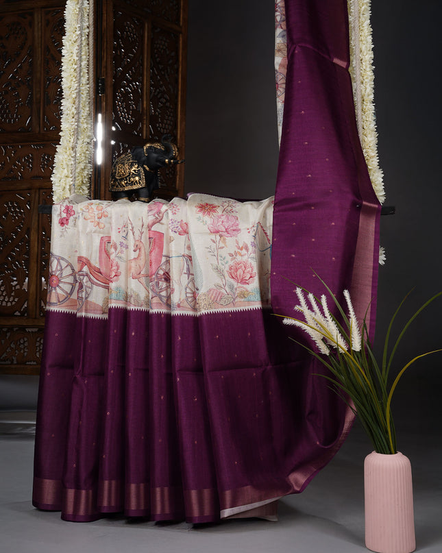 Tussar silk saree with digital print zari border - Wine