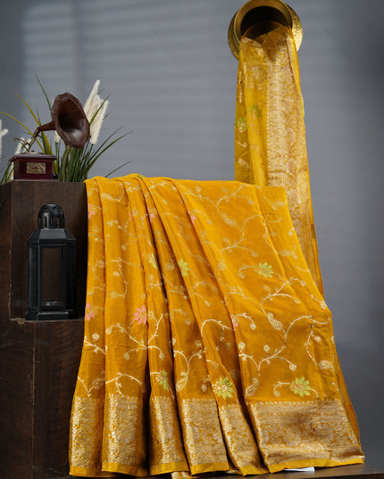 Banaras Silk Saree With Allover Meenakari Weaving And Gold Border - Mehndi