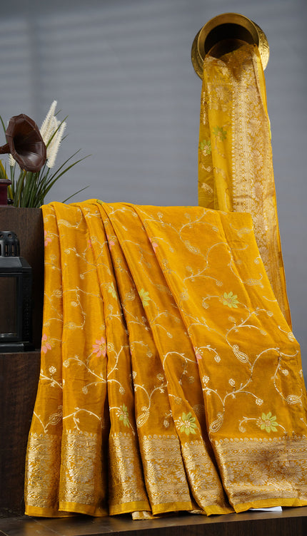 Banaras Silk Saree With Allover Meenakari Weaving And Gold Border - Mehndi