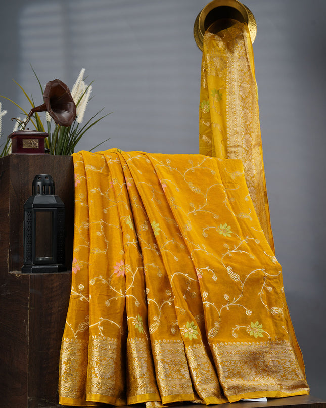 Banaras Silk Saree With Allover Meenakari Weaving And Gold Border - Mehndi