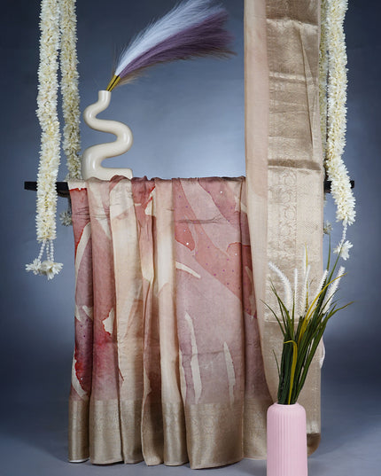 Chinon Saree with Floral Print Kardana Work Banaras Border - Beige