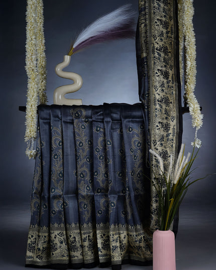Pure Silk Saree with Floral Print and Contrast Border - Grey