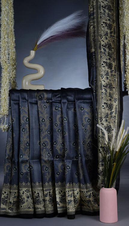 Pure Silk Saree with Floral Print and Contrast Border - Grey