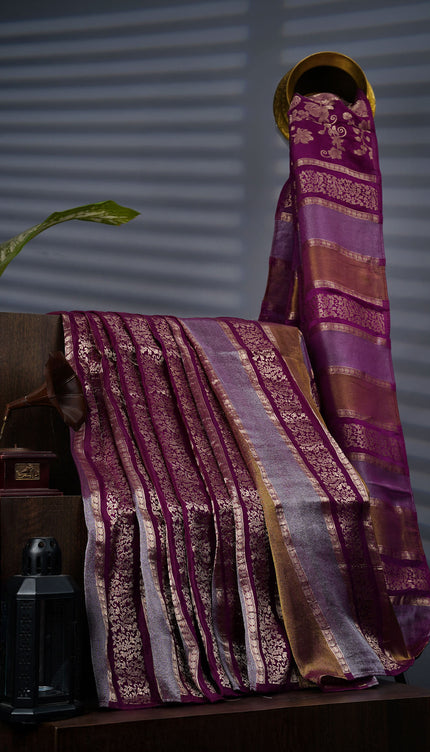 Banarasi Tissue Silk Saree With Gold Zari Work - Purple