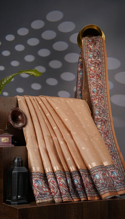 Tissue Kota Saree with Gold Butties and Contrast Floral Print Border - Tan