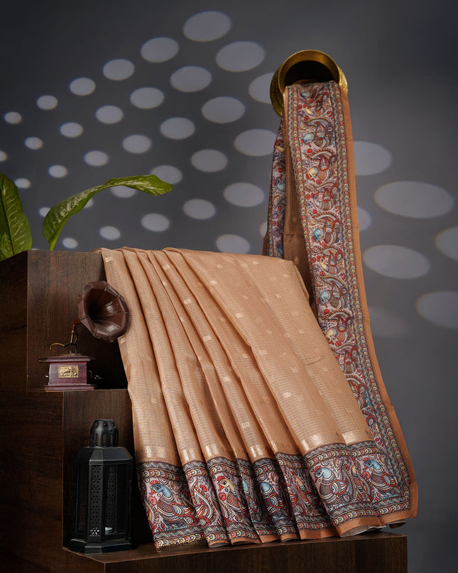 Tissue Kota Saree with Gold Butties and Contrast Floral Print Border - Tan