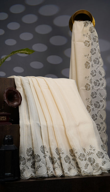 Kota Silk Saree with Thread Embroidery With Scallop Border - Cream & Green