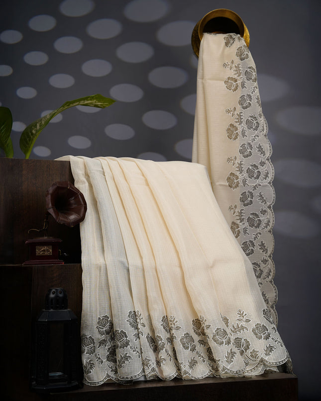 Kota Silk Saree with Thread Embroidery With Scallop Border - Cream & Green