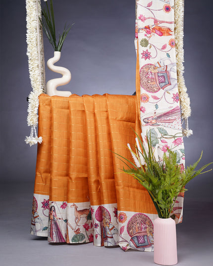 Tusser Silk Saree with Digital Print and Contrast Border- Maroon Yellow