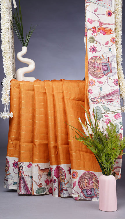 Tusser Silk Saree with Digital Print and Contrast Border- Maroon Yellow