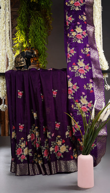 Wrinkle Crepe Saree with Thread Embroidery Work and Golden Zari Border- Violet
