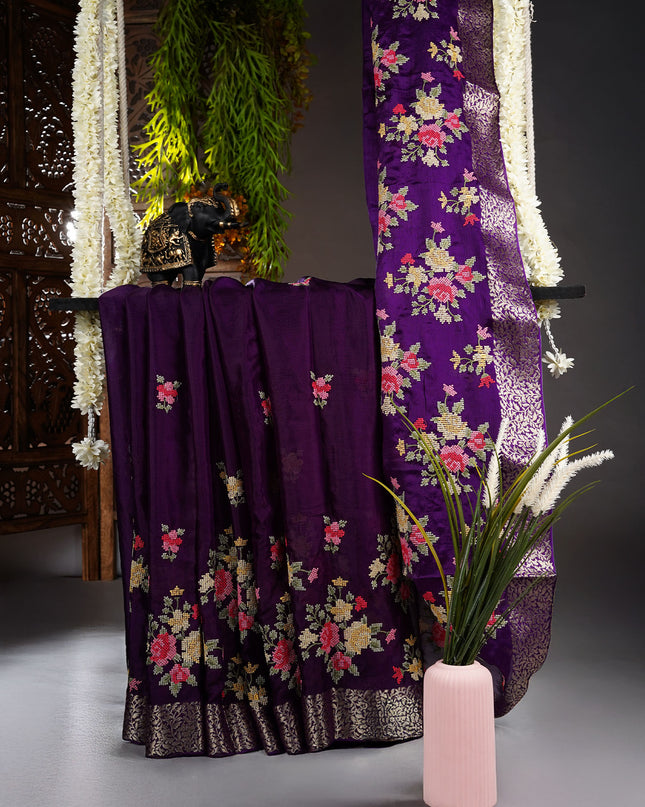 Wrinkle Crepe Saree with Thread Embroidery Work and Golden Zari Border- Violet