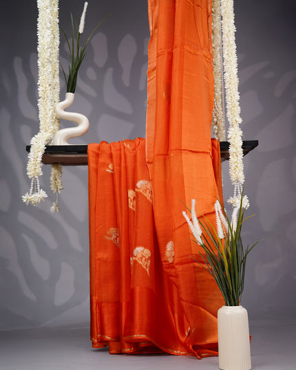 Kota Silk Saree with Gold and Silver Butties and Satin Border- Orange