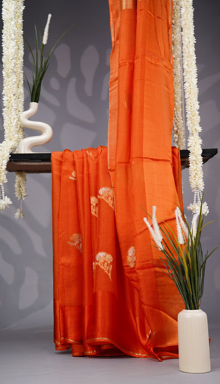 Kota Silk Saree with Gold and Silver Butties and Satin Border- Orange