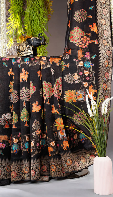 Banaras Silk Saree Shikari With Meenakari Border- Black
