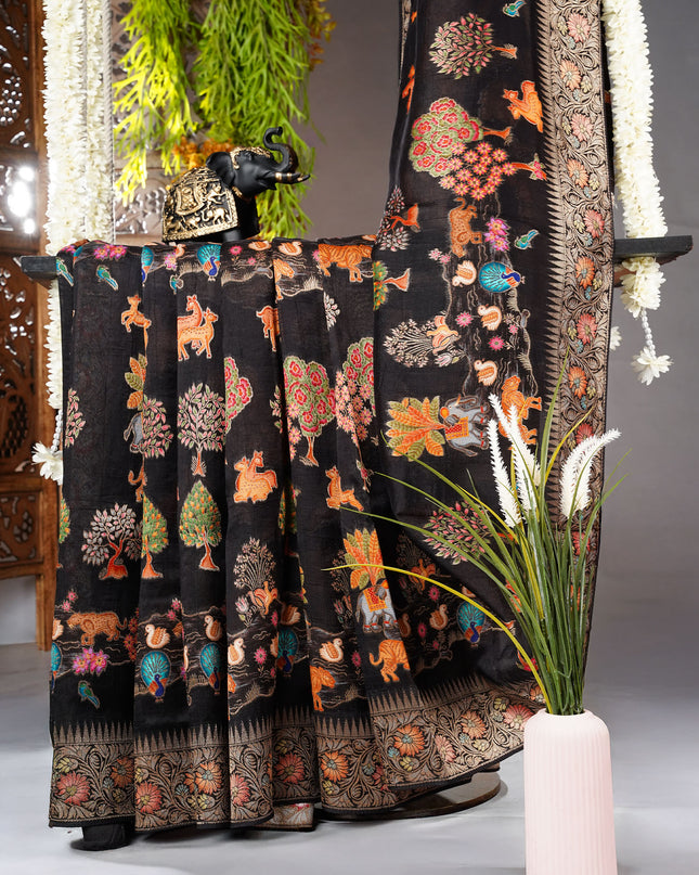 Banaras Silk Saree Shikari With Meenakari Border- Black