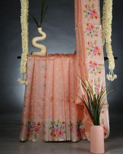 Kota Silk Saree with Thread Work Butties and Floral Border- Peach