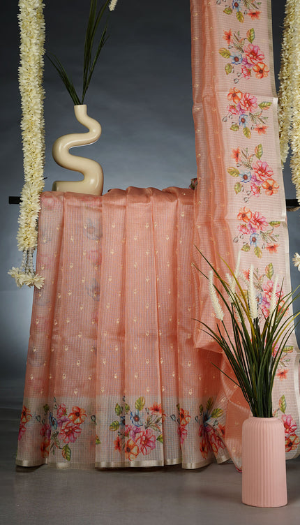 Kota Silk Saree with Thread Work Butties and Floral Border- Peach